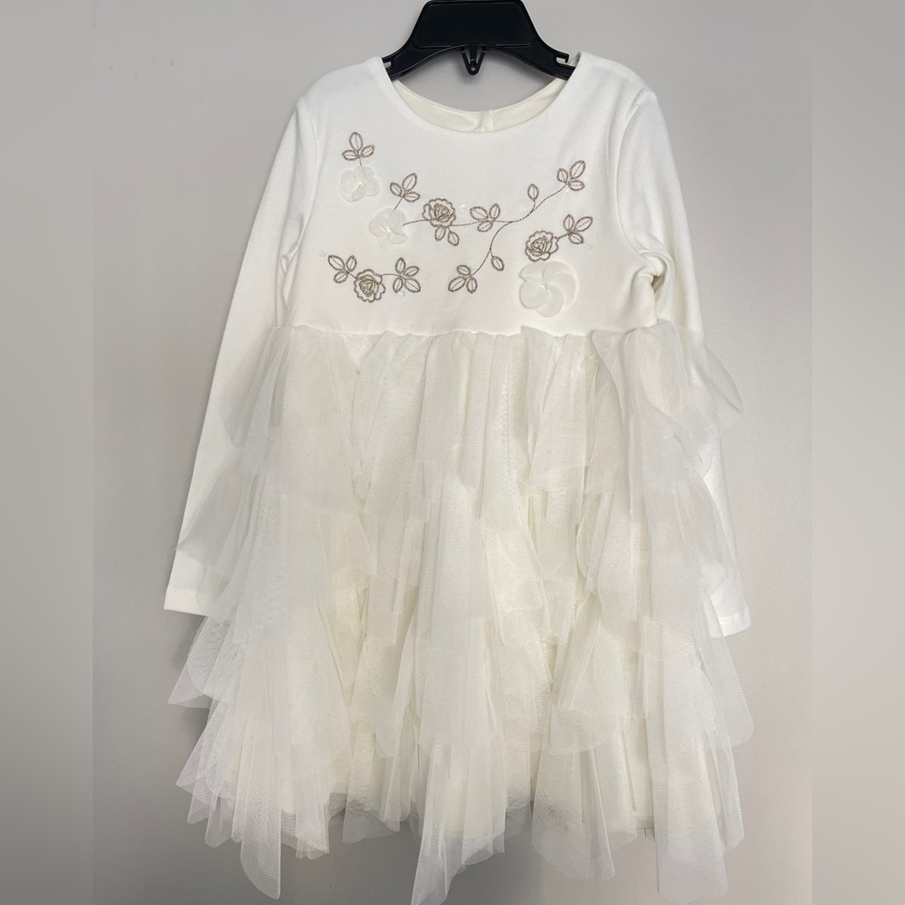 NWT Biscotti Collezioni Girls Embroidered Tiered Longsleeve Dress Cream Kids 4T